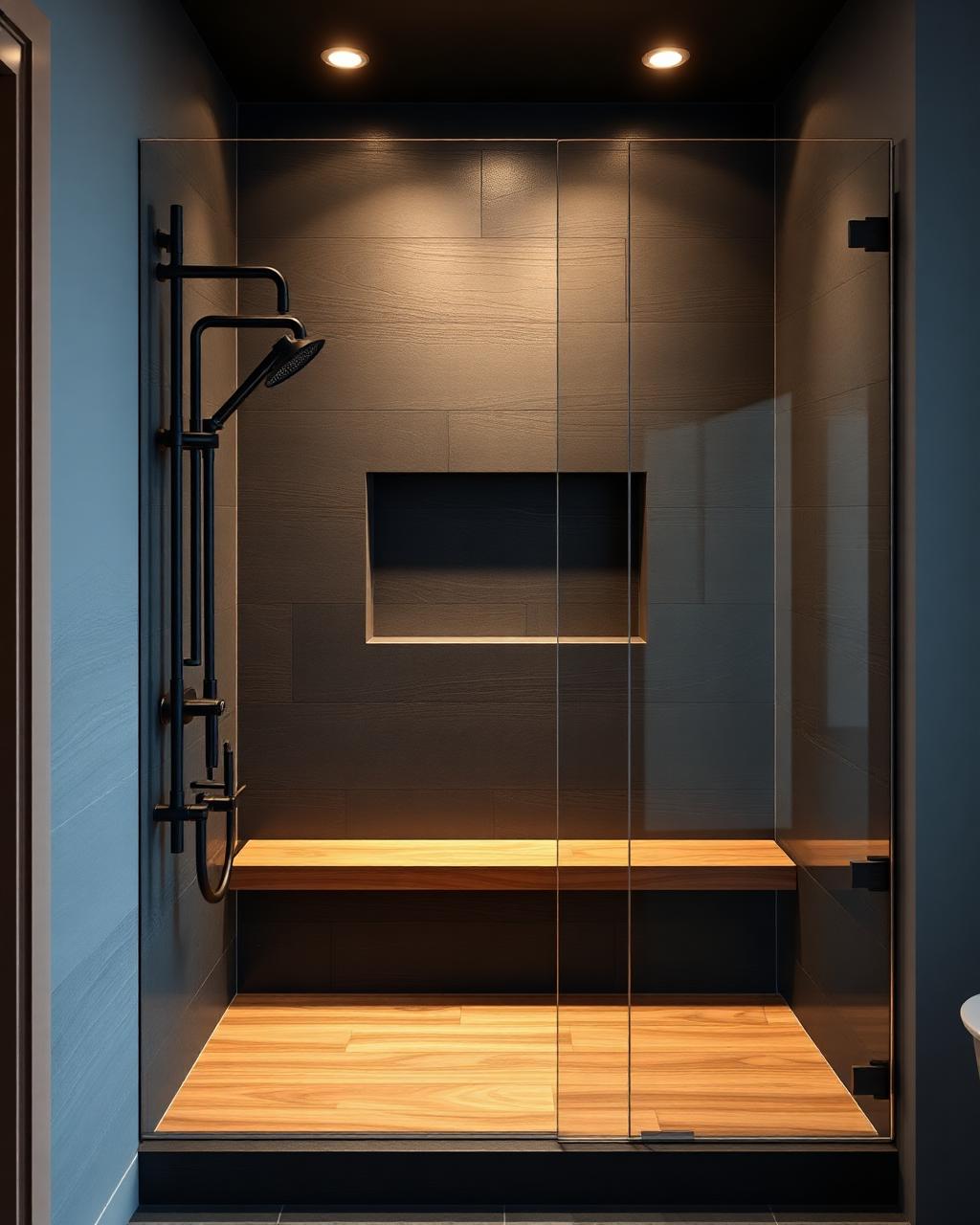 Dark slate walk-in shower with teak bench and matte black fixtures